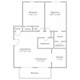  Floor Plan 2 Bedroom, 1.5 Bathroom - 900 SF