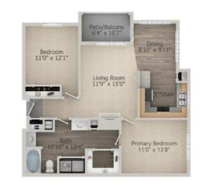 A floor plan of a small apartment with a living room, dining room, kitchen, and three bedrooms.