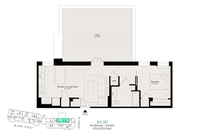 A floor plan of a one bedroom apartment on W 32nd street.