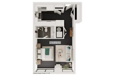 a floor plan of a studio apartment with a bedroom and a living room