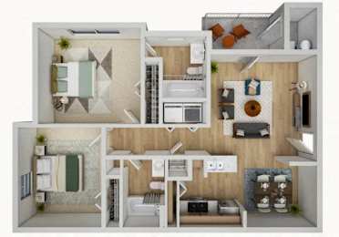 A floor plan of a small apartment with a kitchen, living room, and two bedrooms.
