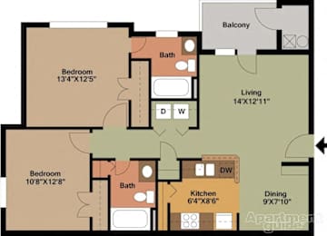 Apartment floor plan with two bedrooms, a living room, a kitchen, a dining area, and a balcony.