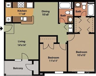 Apartment floor plan with kitchen, dining, living room, and two bedrooms.