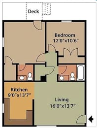 A floor plan of a house with a kitchen, living room, and bedroom.
