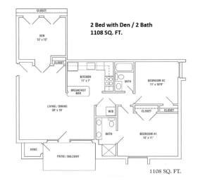 a floor plan of a house with two bedrooms and two baths