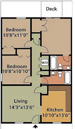 A floor plan of a deck with two bedrooms, a living room, a kitchen, and a bathroom.