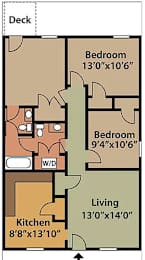 A floor plan of a deck with a kitchen, two bedrooms, and a living room.