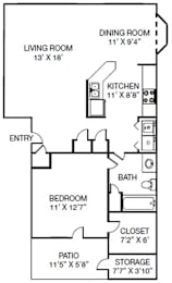 A floor plan of a home with a living room, dining room, kitchen, bedroom, bath, patio, and storage.