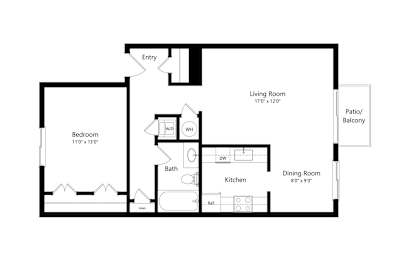 A floor plan of a house with a living room, dining room, kitchen, bedroom and bathroom.