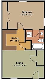 A floor plan of a room with a bedroom, kitchen, and living room.