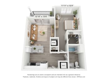 a 1 bedroom floor plan with a bathroom and a living room at Allure at Edinburgh, Virginia
