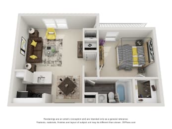 this is a 3d floor plan of a One Bedroom and One Bathroom at Arbor Ridge in Greensboro, NC