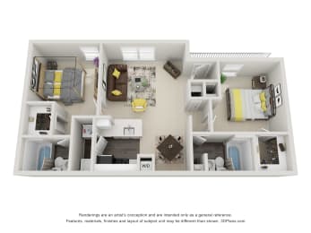 this is a 3d floor plan of a 2 bedroom and 2 bathroom at Arbor Ridge  at Arbor Ridge, North Carolina, 27410