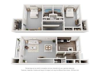 A 3D floor plan of a house with two bedrooms, a living room, a kitchen, and a bathroom.
