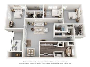 A 3D floor plan of a house with labeled rooms.
