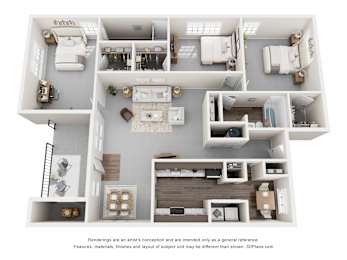 A 3D floor plan of a house with labeled rooms.