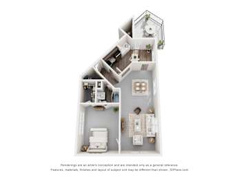 A 3D floor plan of a house with a kitchen, living room, and bathroom.