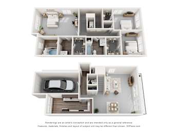 A 3D floor plan of a house with two bedrooms, a living room, a kitchen, a bathroom, and a garage.