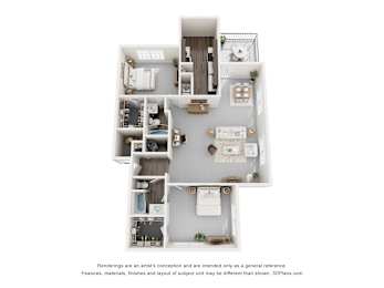 A 3D floor plan of a house with a kitchen, living room, and two bedrooms.