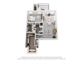 A 3D floor plan of a house with a kitchen, living room, and bathroom.