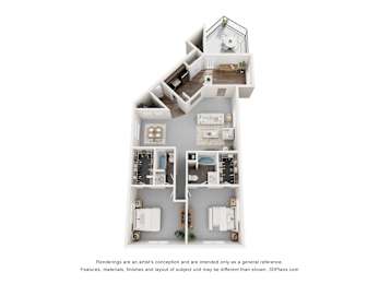 A 3D floor plan of a house with a kitchen, living room, and bedrooms.