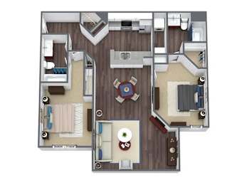 A top-down view of a house layout with a central living area, bedrooms, and a kitchen.