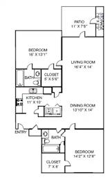 A floor plan of a house with a living room, dining room, kitchen, two bedrooms, a bathroom, a patio, and a storage area.
