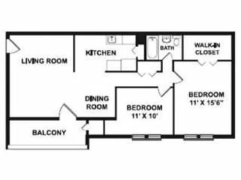2 Bed 1 Bath Floor Plan | 994 Sq. Ft. at Gates of West Bay, Norfolk, 23503