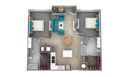 A top-down view of a house layout with a central living area, two bedrooms, a kitchen, and a bathroom.