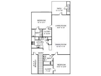 A floor plan of a house with a living room, dining room, kitchen, and two bedrooms.