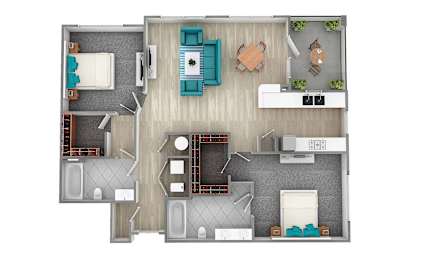 A floor plan of a house with a kitchen, living room, dining room, and bathrooms.