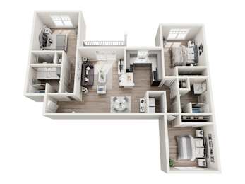A white floor plan of a house with a kitchen, living room, and bedrooms.