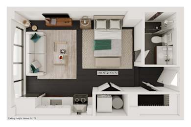a floor plan of a studio apartment with a bedroom and a living room