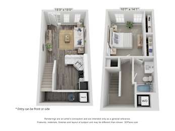 A floor plan of a small apartment with two bedrooms and a living area.