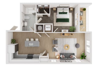 A top-down view of a modern apartment layout with a living room, kitchen, and bedroom.
