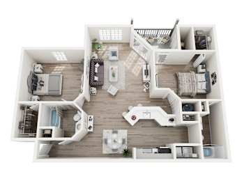 A top-down view of a modern apartment layout with a kitchen, living room, and bedrooms.