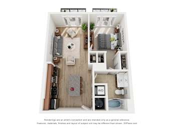 A 3D floor plan of a small apartment with a living room, kitchen, and bedroom.
