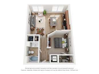 A floor plan of a small apartment with a kitchen, living room, and bathroom.