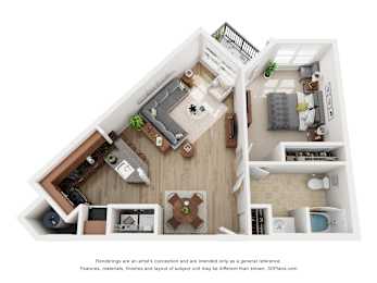 A 3D floor plan of a house with a kitchen, living room, and bathroom.