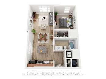 A 3D floor plan of a small apartment with a kitchen, living room, and bathroom.