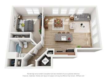 A 3D floor plan of a small apartment with a kitchen, living room, and bedroom.