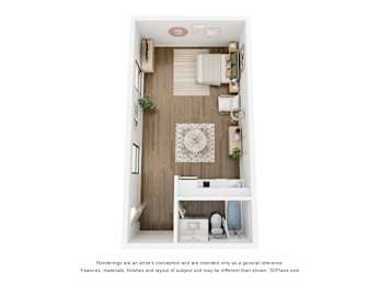 A 3D floor plan of a small apartment with a kitchen, living room, and bathroom.