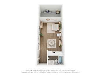 A 3D floor plan of a small apartment with a kitchen, living room, and bathroom.