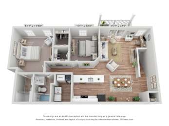 A 3D floor plan of a house with a kitchen, living room, and two bedrooms.