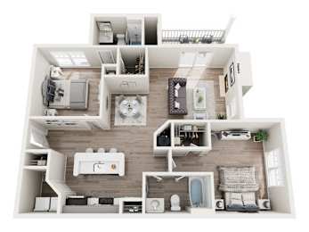 A top-down view of a modern apartment layout.