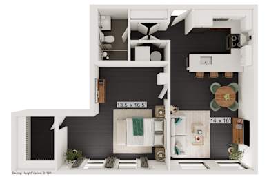 a floor plan of a one bedroom apartment with a bathroom and a balcony