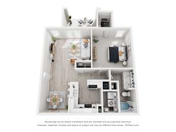 A white 3D floor plan of a house with a kitchen, living room, and bathroom.