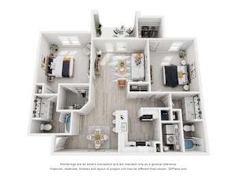 A floor plan of a house with a living room, two bedrooms, a bathroom, and a kitchen.