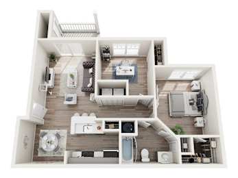 A top-down view of a modern apartment layout.
