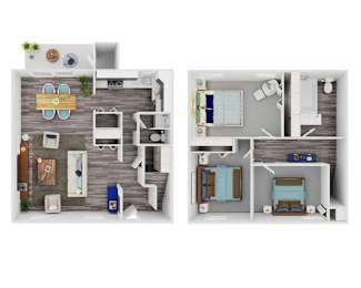A floor plan of a house with two bedrooms and a living area.
